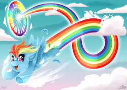 Size: 1920x1358 | Tagged: safe, artist:julunis14, derpibooru import, rainbow dash, pegasus, pony, sonic rainboom (episode), cloud, crying, cute, cutie mark, ear fluff, ears, female, filly, filly rainbow dash, flying, foal, hoof fluff, open mouth, open smile, rainbow trail, sky, smiling, solo, sonic rainboom, tears of joy, younger