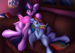 Size: 4961x3508 | Tagged: safe, artist:flapstune, derpibooru import, rainbow dash, twilight sparkle, twilight sparkle (alicorn), alicorn, pegasus, pony, book, duo, duo female, female, frog (hoof), glowing, glowing horn, horn, lesbian, magic, mare, poster, reading, shipping, signature, sitting, sofa, tongue, tongue out, twidash, underhoof, window, wings