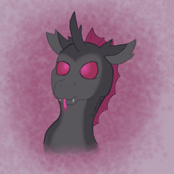 Size: 1070x1070 | Tagged: safe, artist:lil_vampirecj, derpibooru import, oc, oc only, changeling, :p, bust, fangs, pink changeling, portrait, silly changeling, simple background, solo, tongue, tongue out