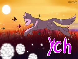 Size: 2080x1560 | Tagged: safe, artist:yuris, derpibooru import, oc, butterfly, pony, advertisement, auction, auction open, commission, dandelion, running, solo, sun, sunset, ych sketch