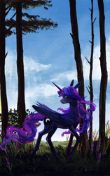 Size: 2000x3185 | Tagged: safe, artist:weird--fish, derpibooru import, princess luna, alicorn, pony, blue mane, cloud, ethereal mane, ethereal tail, featured image, female, flowing mane, flowing tail, folded wings, forest, grass, green eyes, horn, looking back, looking to side, looking to the left, mare, profile, raised hoof, raised leg, side view, sky, solo, starry mane, tree, unshorn fetlocks, walking, wings