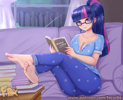 Size: 3071x2480 | Tagged: safe, artist:focusb, sci-twi, twilight sparkle, equestria girls, ass, barefoot, book, breasts, butt, clothes, feet, foot fetish, glasses, high res, human coloration, pajamas, reading, sofa, solo, twibutt, window
