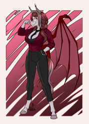 Size: 1619x2266 | Tagged: safe, artist:blackblood-queen, oc, oc only, oc:scarlet quill, anthro, bat pony, unguligrade anthro, anthro oc, bat pony oc, braided ponytail, breasts, clothes, commission, fangs, female, freckles, glasses, mare, mother, necktie, red eyes, slit eyes, smiling