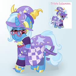Size: 2048x2048 | Tagged: safe, artist:xppp1n, trixie, unicorn, alternate design, alternate hairstyle, cape, gameloft, hat, horn, horns, simple background, solo, sunglasses, trixie's cape, trixie's hat