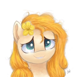 Size: 1280x1280 | Tagged: safe, artist:t15, derpibooru import, pear butter, bust, fanart, flower, green eyes, looking at you, messy mane, orange mane, simple background, smiling, white background