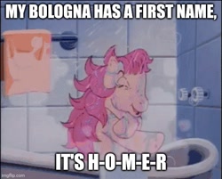 Size: 557x448 | Tagged: safe, derpibooru import, edit, edited screencap, screencap, patch (g1), earth pony, pony, g1, my little pony tales, bath, female, shower, simpsons did it, towel