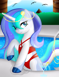 Size: 3000x3885 | Tagged: safe, artist:princessmoonsilver, derpibooru import, oc, oc:aurora polaris, pony, unicorn, clothes, high res, red swimsuit, solo, summer, swimming pool, swimsuit, ych example, ych result, your character here