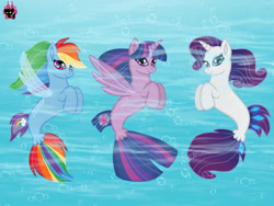 Size: 1024x768 | Tagged: safe, artist:emilynevla, derpibooru import, rainbow dash, rarity, twilight sparkle, twilight sparkle (alicorn), alicorn, pegasus, seapony (g4), unicorn, my little pony: the movie, blue eyes, blue mane, dorsal fin, female, fin wings, fins, fish tail, flowing mane, horn, logo, mare, ocean, pink eyes, purple eyes, seaponified, seapony rainbow dash, seapony rarity, seapony twilight, smiling, species swap, sunlight, tail, underwater, water, wings