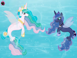 Size: 1024x768 | Tagged: safe, artist:emilynevla, derpibooru import, princess celestia, princess luna, alicorn, seapony (g4), clothes, colored pupils, crown, dorsal fin, ethereal mane, ethereal tail, female, fin wings, fins, fish tail, flowing mane, flowing tail, hoof shoes, horn, jewelry, logo, looking at each other, looking at someone, mare, ocean, peytral, regalia, royal sisters, seaponified, seapony celestia, seapony luna, see-through, siblings, sisters, smiling, species swap, starry mane, sunlight, tail, underwater, water, wings