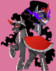 Size: 1496x1912 | Tagged: safe, artist:gobstopper, derpibooru import, king sombra, pony, unicorn, antagonist, cape, clothes, colored horn, curved horn, fangs, horn, pink background, sharp teeth, simple background, solo, sombra eyes, teeth