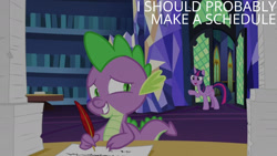 Size: 1280x720 | Tagged: safe, derpibooru import, edit, edited screencap, editor:quoterific, screencap, spike, twilight sparkle, twilight sparkle (alicorn), alicorn, dragon, pony, once upon a zeppelin, season 7, duo, female, grin, male, mare, open mouth, open smile, smiling, text, twilight's castle