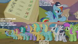 Size: 1280x720 | Tagged: safe, derpibooru import, edit, edited screencap, editor:quoterific, screencap, cloud kicker, dizzy twister, helia, lightning bolt, merry may, orange swirl, rainbow dash, rumble, sassaflash, spring melody, sprinkle medley, sunshower raindrops, white lightning, pegasus, pony, hurricane fluttershy, season 2, colt, female, foal, male, mare, open mouth, spread wings, text, whistle, whistle necklace, wings