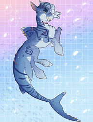 Size: 1280x1670 | Tagged: safe, artist:sadelinav, derpibooru import, oc, oc only, fish, original species, shark, shark pony, bubble, digital art, dorsal fin, fangs, fins, fish tail, gills, golden eyes, grin, looking at you, male, smiling, solo, swimming, tail, teeth, underwater, water