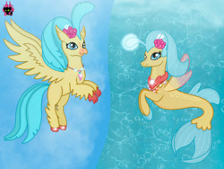 Size: 1024x768 | Tagged: safe, artist:emilynevla, derpibooru import, princess skystar, classical hippogriff, hippogriff, seapony (g4), my little pony: the movie, beak, blue eyes, blue mane, dorsal fin, feather, female, fin wings, fins, fish tail, flower, flower in hair, flowing mane, flowing tail, flying, glowing, jewelry, necklace, ocean, pearl necklace, sky, smiling, solo, spread wings, sunlight, tail, underwater, water, wings