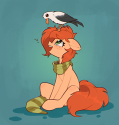 Size: 1304x1372 | Tagged: safe, artist:rexyseven, derpibooru import, oc, oc only, oc:rusty gears, bird, earth pony, pony, seagull, clothes, ears, floppy ears, freckles, open mouth, scarf, sitting, sock, socks, solo, striped scarf, striped socks