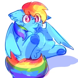 Size: 1080x1080 | Tagged: safe, artist:grey___cat, derpibooru import, rainbow dash, pegasus, pony, chest fluff, ear fluff, ears, eye clipping through hair, female, floppy ears, mare, partially open wings, simple background, solo, underhoof, white background, wings