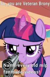 Size: 1189x1806 | Tagged: safe, derpibooru import, edit, edited screencap, editor:dematrix-edit, screencap, twilight sparkle, pony, unicorn, secret of my excess, disembodied hand, exploitable meme, female, golden oaks library, gun, hand, handgun, mare, meme, oh so you like x? name every y, shitposting, weapon