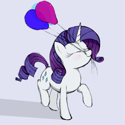 Size: 2919x2919 | Tagged: safe, artist:mizhisha, derpibooru import, rarity, pony, unicorn, balloon, blushing, cute, eyes closed, female, happy, mare, mouth hold, raribetes, simple background, smiling, solo, that pony sure does love balloons