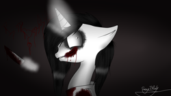 Size: 2048x1152 | Tagged: safe, artist:djdupstep15, derpibooru import, pony, unicorn, bust, glowing, glowing horn, horn, jeff the killer, knife, magic, male, meme, ponified, signature, solo, stallion, telekinesis