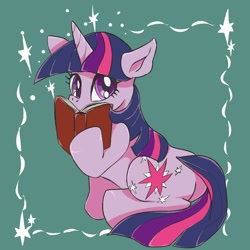 Size: 1000x1000 | Tagged: safe, artist:01teruri16, derpibooru import, twilight sparkle, unicorn twilight, pony, unicorn, book, cute, female, hoof hold, horn, looking at you, mare, raised hoof, raised leg, simple background, sitting, solo, twiabetes