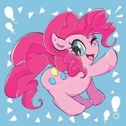 Size: 1000x1000 | Tagged: safe, artist:01teruri16, derpibooru import, pinkie pie, earth pony, pony, blue background, cute, diapinkes, female, looking at you, mare, one eye closed, open mouth, open smile, raised hoof, raised leg, simple background, smiling, smiling at you, solo, wink, winking at you