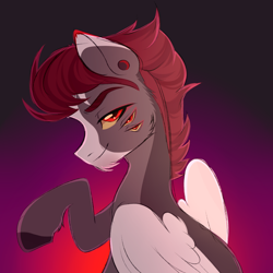 Size: 2000x2000 | Tagged: safe, artist:princessolmi, derpibooru import, oc, oc only, pegasus, pony, abstract background, bedroom eyes, bust, colored hooves, ear piercing, male, pegasus oc, piercing, smiling, solo, stallion, wings