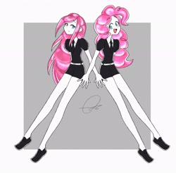 Size: 2048x2016 | Tagged: safe, artist:oc_ponys, derpibooru import, pinkie pie, equestria girls, clothes, duality, duo, duo female, female, land of the lustrous, looking at each other, looking at someone, looking back, necktie, open mouth, open smile, pinkamena diane pie, signature, simple background, smiling, white background