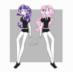 Size: 2048x2016 | Tagged: safe, artist:oc_ponys, derpibooru import, fluttershy, rarity, equestria girls, clothes, duo, duo female, female, flower, flower in hair, land of the lustrous, looking at each other, looking at someone, looking back, necktie, signature, simple background, white background