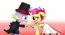 Size: 2962x1576 | Tagged: safe, artist:questionmarkdragon, derpibooru import, scootaloo, spike, dragon, pegasus, pony, clothes, dress, duo, female, filly, foal, gradient background, hat, male, marriage, raised hoof, raised leg, scootaspike, shipping, sparkles, straight, top hat, wedding