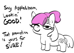 Size: 1166x836 | Tagged: safe, artist:tjpones, derpibooru import, apple bloom, earth pony, pony, apple bloom's bow, bald, black and white, bow, female, filly, foal, grayscale, hair bow, lidded eyes, looking at you, monochrome, partial color, simple background, smiling, smiling at you, smug, solo, text, white background