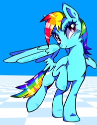 Size: 1470x1885 | Tagged: safe, artist:stacy_165cut, derpibooru import, rainbow dash, pegasus, pony, blue background, female, mare, partially open wings, raised hoof, raised leg, simple background, solo, wings