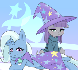 Size: 1600x1425 | Tagged: safe, artist:batipin, derpibooru import, maud pie, trixie, earth pony, pony, unicorn, cape, clothes, duo, duo female, female, hat, trixie's cape, trixie's hat