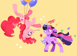 Size: 2048x1489 | Tagged: safe, artist:pastacrylic, derpibooru import, pinkie pie, twilight sparkle, unicorn twilight, earth pony, pony, unicorn, balloon, chest fluff, confetti, derp, duo, duo female, ears, female, floating, floppy ears, horn, party horn, simple background, sparkles, then watch her balloons lift her up to the sky, upside down, yellow background
