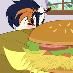 Size: 2000x2000 | Tagged: safe, artist:ynery, derpibooru import, oc, oc only, oc:ynery, earth pony, pony, blue mane, burger, earth pony oc, feather in hair, female, food, golden eyes, mare, meat, solo, white coat