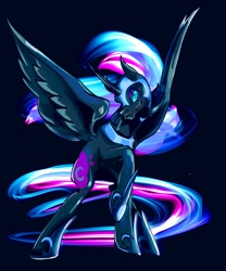 Size: 1706x2048 | Tagged: safe, artist:bestlifeb4, derpibooru import, nightmare moon, alicorn, pony, fangs, female, horn, jewelry, looking at you, mare, profile, raised hoof, raised leg, regalia, simple background, solo, spread wings, wings