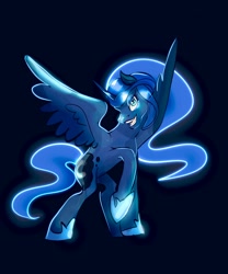 Size: 1706x2048 | Tagged: safe, artist:bestlifeb4, derpibooru import, princess luna, alicorn, pony, female, horn, jewelry, looking at you, mare, open mouth, profile, raised hoof, raised leg, regalia, simple background, solo, spread wings, wings