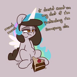 Size: 1500x1500 | Tagged: safe, artist:lou, derpibooru import, oc, oc only, earth pony, pony, cake, celestia costume, clothes, costume, diet, eating, fake horn, fake wings, food, gray background, simple background, sitting, solo, text, wig