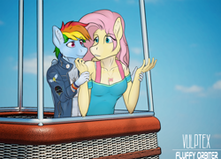 Size: 1500x1080 | Tagged: safe, artist:fluffyorbiter, derpibooru import, fluttershy, rainbow dash, anthro, pegasus, better together, equestria girls, rollercoaster of friendship, badge, bracelet, breasts, clothes, comforting, female, ferris wheel, flutterdash, holding hands, hootershy, hot air balloon, hug, hug from behind, jacket, jewelry, leather, leather jacket, lesbian, looking at each other, looking at someone, mare, necklace, patch, rainbow factory logo, shipping, wonderbolts logo