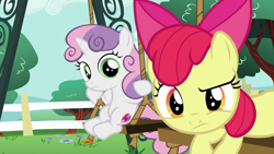Size: 1280x720 | Tagged: safe, derpibooru import, screencap, apple bloom, sweetie belle, earth pony, pony, unicorn, on your marks, season 6, confused, duo, duo female, female, filly, foal, looking at you, meme origin, stare