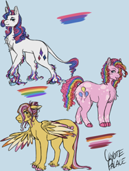 Size: 1200x1600 | Tagged: safe, artist:coyotepalace, derpibooru import, fluttershy, pinkie pie, rarity, earth pony, pony, unicorn, chest fluff, cloven hooves, colored wings, colored wingtips, leonine tail, lidded eyes, looking at you, pride, pride flag, raspberry, smiling, tail, tongue, tongue out, unshorn fetlocks, wings
