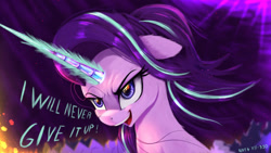 Size: 1600x900 | Tagged: safe, artist:darksly, derpibooru import, starlight glimmer, pony, unicorn, abstract background, atg 2022, dark background, determined, dialogue, female, glowing, glowing horn, horn, magic, mare, newbie artist training grounds, solo