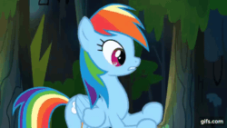 Size: 640x360 | Tagged: safe, derpibooru import, screencap, rainbow dash, pegasus, pony, daring don't, season 4, animated, bipedal, ears, eyes closed, female, floppy ears, flying, gif, gifs.com, mare, open mouth, punch, self harm, solo, spread wings, tree, wings