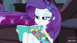 Size: 640x360 | Tagged: safe, derpibooru import, screencap, rarity, sci-twi, twilight sparkle, equestria girls, equestria girls series, the finals countdown, animated, book, bracelet, clothes, duo, duo female, eyes closed, female, gif, gifs.com, glasses, goofing off, hairpin, hoodie, jewelry, magazine, magazine cover, rarity peplum dress, smiling