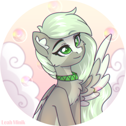 Size: 2000x2000 | Tagged: safe, artist:stormcloud, derpibooru import, oc, oc only, pegasus, pony, bust, chest fluff, cute, female, green eyes, looking up, mare, pegasus oc, sitting, smiling, soap bubble, solo, wings