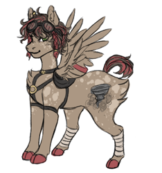 Size: 734x784 | Tagged: safe, artist:coyotepalace, derpibooru import, oc, oc only, oc:desert rose, pegasus, pony, braid, chest fluff, cloven hooves, goggles, harness, leg wraps, looking at you, simple background, smiling, solo, spread wings, tack, white background, wings