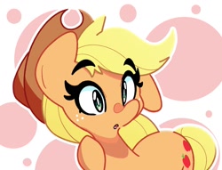 Size: 1580x1205 | Tagged: safe, artist:kindakismet, derpibooru import, applejack, earth pony, pony, applejack's hat, circle background, clothes, cowboy hat, female, freckles, hat, mare, open mouth, simple background, solo, white background