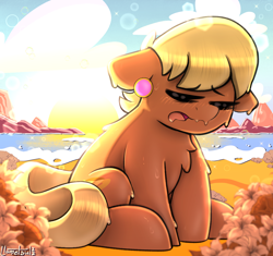 Size: 1130x1062 | Tagged: safe, artist:llametsul, derpibooru import, ms. harshwhinny, earth pony, pony, atg 2022, blushing, chest fluff, colored, cute, drool, ears, exhausted, eyes closed, female, floppy ears, mare, ms. cutewhinny, newbie artist training grounds, open mouth, sitting, solo, sun, sweat, tired