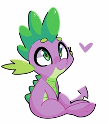 Size: 1367x1600 | Tagged: safe, artist:kindakismet, derpibooru import, spike, dragon, cute, cute little fangs, fangs, floating heart, heart, male, simple background, sitting, smiling, solo, spikabetes, white background