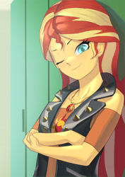 Size: 2894x4093 | Tagged: safe, artist:ばそば, derpibooru import, sunset shimmer, better together, equestria girls, clothes, crossed arms, female, geode of empathy, jewelry, looking at you, magical geodes, necklace, one eye closed, smiling, smiling at you, wink, winking at you