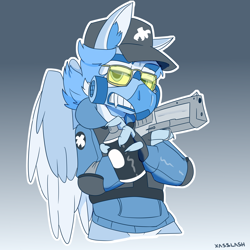 Size: 5000x5000 | Tagged: safe, artist:xasslash, derpibooru import, oc, oc:flynn the icecold, griffon, armor, clothes, gun, handgun, hat, male, mask, pistol, respirator, simple background, spray can, sunglasses, talon merc, weapon